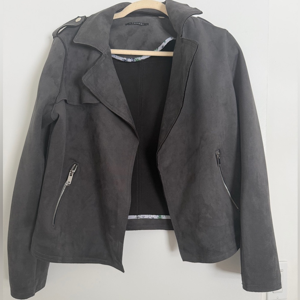 Tahari Faux Suede Cropped Moto biker  Jacket Carbon Sky - Size M